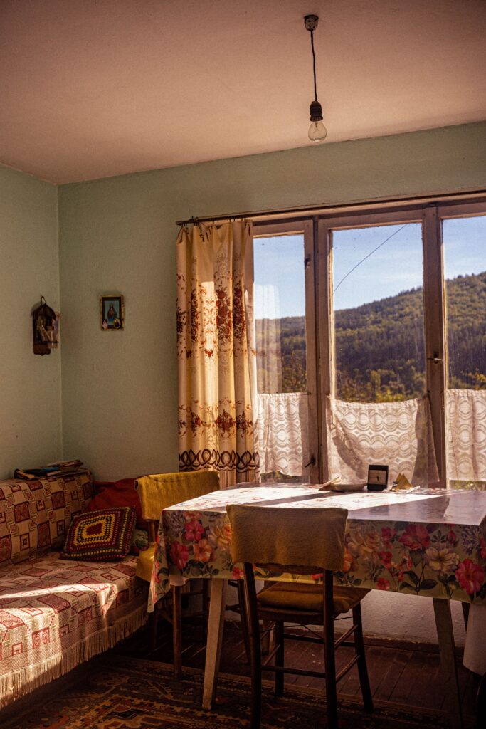 A charming living room with vintage decor and a beautiful outdoor view.